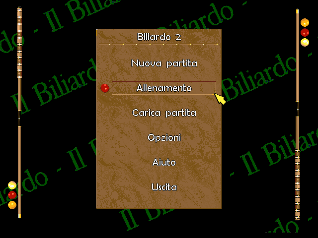 The main menu of Biliardo 2: New game, Training, Load game, Options, Help, Exit, on a wooden panel