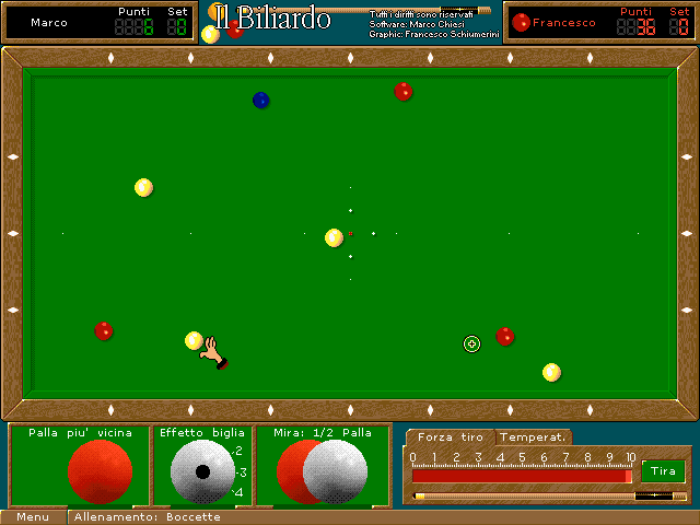 A Bowls (Boccette) training game: coloured bowls spread across the green table and the hand used to throw, with the nearest-ball, spin and aim panels below