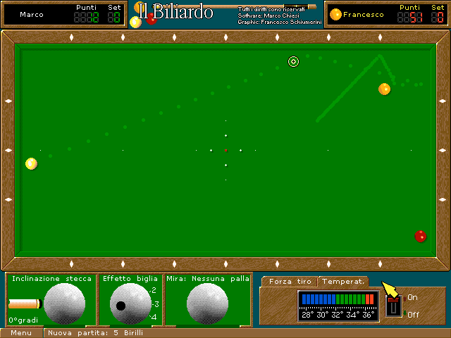 A game of 5 Pins with the pins in the centre of the table and the predicted trajectories drawn as dotted lines