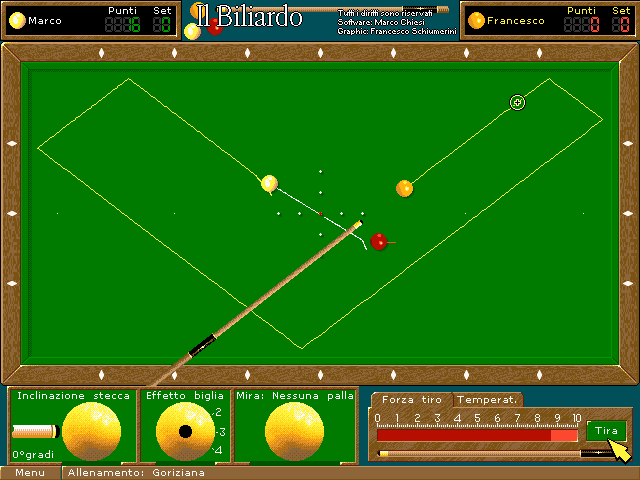 A Goriziana shot: the cue on the table and the predicted trajectory bouncing off the cushions drawn in yellow