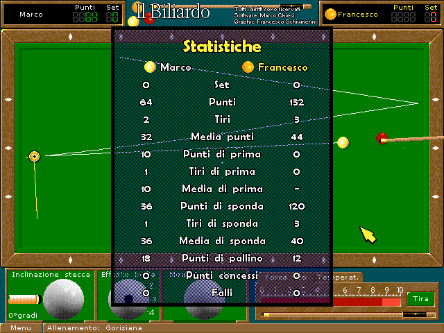 The blue Statistics window comparing the two players, Marco and Francesco: sets, points, shots, cushion points and fouls