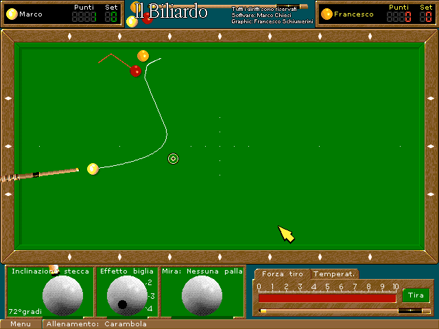A Carom training shot with the cue raised to 72 degrees: the white trajectory curves across the table in a parabolic shot