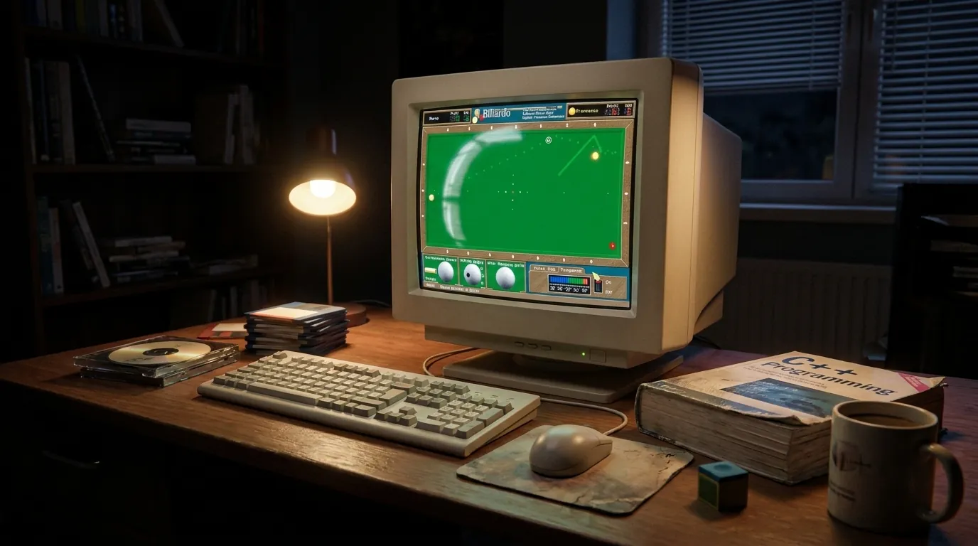 A late-1990s desk at night: a beige CRT monitor showing a green billiard table game, a keyboard, a ball mouse, floppy disks, a CD, a programming book, a mug and a cube of blue chalk, lit by a desk lamp